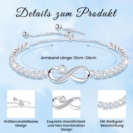 VU100 Mother's Day Gift Mother Bracelet Gift for Mum Ladies Sterling Silver Bracelet Tennis Bracelet 14k White Gold Plated Creative Gift Infinity Heart Bracelet Birthday Gift for Mum, Sterling Silver,