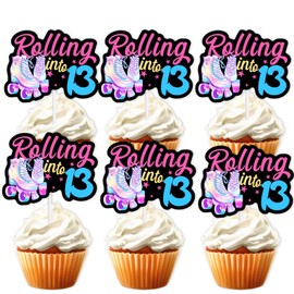 18pcs Black Glitter Pink Roller Skates Dessert Cupcake Topper 80s 90s Retro Hip Hop Roller Skating Rolling into 13 Theme Decor Supplies Boy Girl 13th Happy Birthday Party Decorations