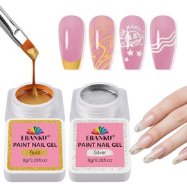 EBANKU 8g/0.28oz*2 Nail Painting Gel No Wipe Gel Paint for Nails Art, Gold&Silver Nail Polish for French Tip Drawing Striper Floral Salon Home DIY Manicure, UV Light Required (Square Jar)