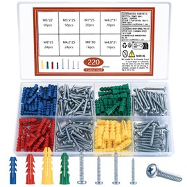 220 Pcs Wall Plugs and Screws Set, Drywall Screws and Wall Plugs Kit, Plastic Expansion Drywall Plugs and Self Tapping Screws Pan Head Screws for Concrete Masonry Brick Wall Plasterboard Fixings (A)