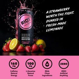 RIOT Clean Energy Drink – Strawberry Lemonade | No Sucralose, No Sugar Added, No Artificial Flavors | 160mg Natural Caffeine + 100mg L-Theanine | Clean Focus, Stamina & Energy | 16 Fl Oz (Pack of 12)