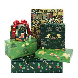 Green Christmas Wrapping Paper,6 Folded Sheets Merry Christmas Kids Gift Wrapping Paper 70 * 50cm with 2 Red String Christmas Tree Angel Xamx Paper for Christmas New Year Girl Boy Gift Wrap Decoration