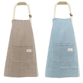 Woman Apron with Pockets, 2 Pieces Blue and Coffee Stripe Adjustable Cotton Linen Kitchen Chef Bib Apron for Cooking, BBQ, Baking, Gardening, Household Cleaning, Restaurant