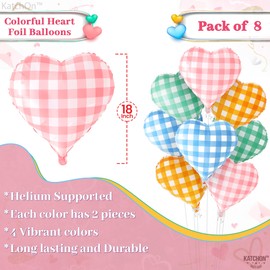 Katchon, Multi Heart Shaped Helium Balloons - Pack of 8(18inch) | Plaid Balloons for Parties | Checkered Foil Balloons for Birthday Decoration | Colorful Bridal Shower Decoration with Heart Balloons