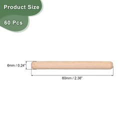 sourcing map 60 Pcs Wooden Dowel Pins 6x60mm(0.24x2.36) Fluted Beveled Ends Wood Dowel Pegs Dried Hardwood for Woodworking Furniture Shelf