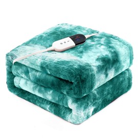 PTQ Electric Heated Blanket 62"x84",Luxury Green Twin Faux Fur Electric Blanket,Fast Heating Soft Fluffy Thick Electric Blanket with 6 Heating Levels & 10H Auto Off