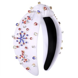 ZOLEAROPY 4 th of July Knotted Headband Celebration American Flag Fireworks Knot Hairband Pearl Rhinestone Jeweled Wide Patriotic Head Band USA Independence Day Headband