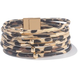 FANCY SHINY Leopard Leather Wrap Bracelet Stackable Boho Tube Beaded Bangle Cuff with Magnetic Clasp Trendy Jewelry for Women(Leopard)