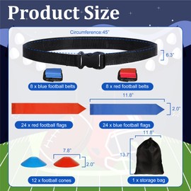 Flag Football Belts, 16 Player Adjustable Flag Football Set with 48 Flags, 12 Cones Flag Football Belts and Flags for Youth Adults Training