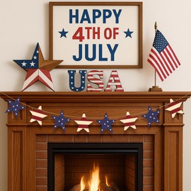 Arosche 4th of July Decorations Retro Vintage Wooden Red Blue and White Star Garland Patriotic Independence Day, Memorial Day, Veterans Day Banner for Mantle, Fireplace, Wall, Party Supplies