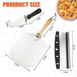 AGIgear Aluminum Pizza Spatula Set,12x14 Inch Metal Pizza Peel with Foldable Wooden Handle 14" Rocker Cutter,Pizza Server,for Family Pizza Oven Baking Pizza,Dough,Bread & Pastry (Silver)