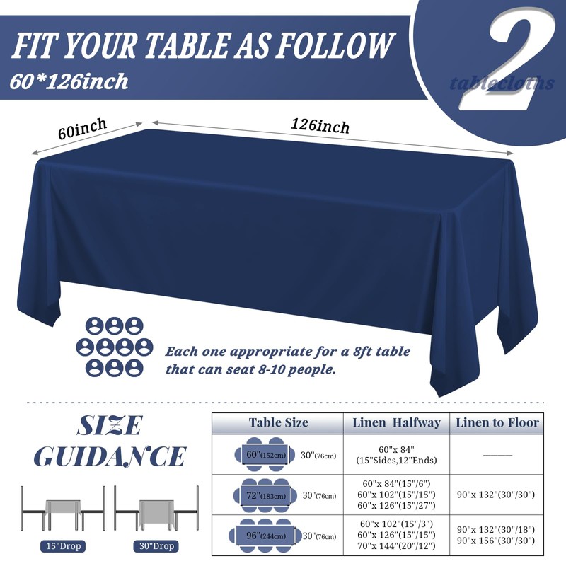 Pesonlook 2Pack Navy Blue Tablecloths for 8 Foot Rectangle Tables