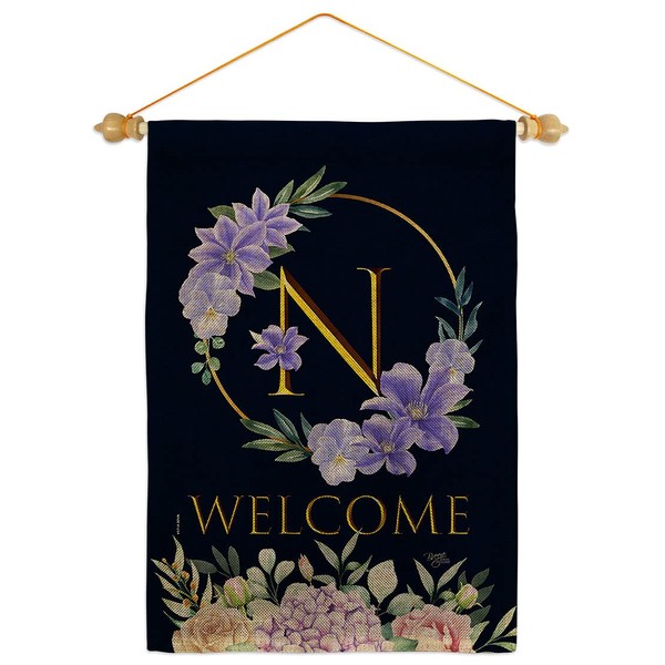 Floral Welcome N Initial Burlap Garden Flag Set Wood Dowel