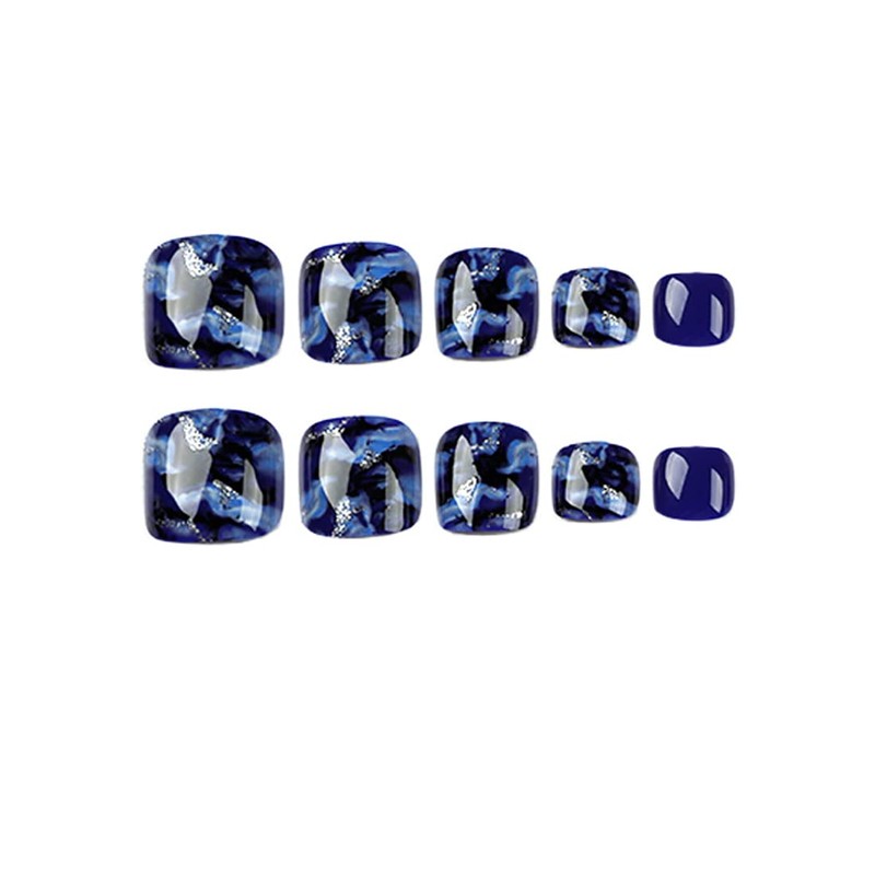 Glossy False Toenails 24PCS Blue Glitter False Toe Nails Full