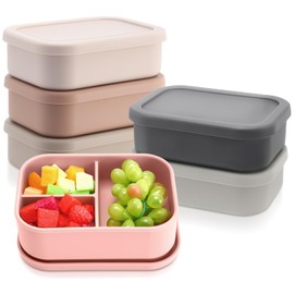 Honeydak 6 Pcs Silicone Bento Box 3 Compartment Reusable Lunch Container Smooth and Leakproof Meal Prep Lunch Box with Lid Stackable Meal Prep Container for Work Travel, 6 Colors(Light Colors)