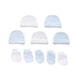 MAMIMAKA Newborn Baby Caps and Mittens Set 5pcs Cotton Hats+Soft Touch Scratch Mittens Gloves for 0-6 Months