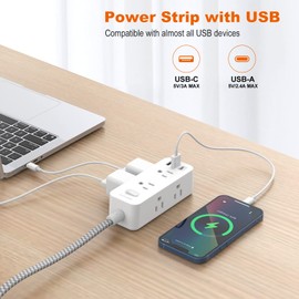 15Ft Extension Cord, Power Strip Surge Protector, 6 Outlets with 3 USB Ports(1 USB C Outlet), 3-Side Outlet Extender, Wall Mount, Compact for Home, School, College Dorm Room