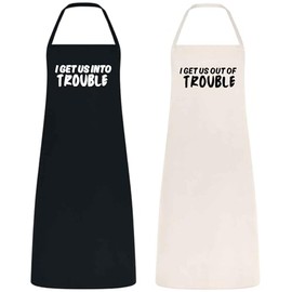 Be Buz His and Her Aprons for Couples Bridal Shower Gift Wedding Gift for Newlyweds Cotton Material Black and Natural Matching Kitchen Aprons I Get Us Into Trouble, I Get Us Out of Trouble Apron