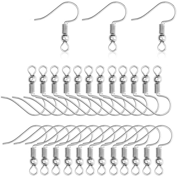 Fishhook Earring Hooks, 200PCS Ear Hooks, Hypo Allergenic Ear Wires with Ball and Coil Silver Tone 18mm for DIY Jewelry Findings