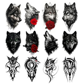 12 Sheets Wolf Temporary Tattoos for Men Realistic Fake Tattoo for Women Teens Arm Body Chest Waterprooof