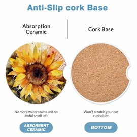 Sunflower Car Coasters for Cup Holders Watercolor on Textured Paper Car Cup Holder Coasters 2 Pack for Car, Anti Slip Ceramic Car Cup Mat with Finger Notch Cute Car Interior Accessories for Women Men