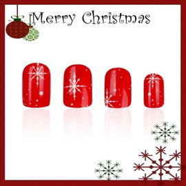 Christmas Press on Nails Short Square Fake Nails stars Design False Nails Gel Glue on Glossy Red Tips on Nails for New Years Gifts DIY 24PCS Merry Christmas