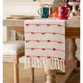 Caflife Christmas Table Runner 90 Inchs Long for Modern Farmhouse Room Home Christmas Decorations, Boho Red Table Runner, Natural Cotton Woven with Tassels for Holiday Kitchen and Dining Table Decor