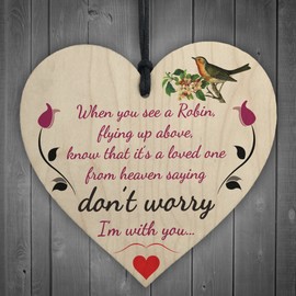 RED OCEAN Robins Are Loved Ones From Heaven Hanging Wooden Heart Plaque Memorial Sign
