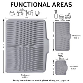 TIKNIK Silicone Dish Drying Mat for Kitchen Counter, Dish Drying Pad, Non-Slip Drain Pad with Built-in Drain, Heat Resistant Stone Drying Mat, 1 set XL(Grey)