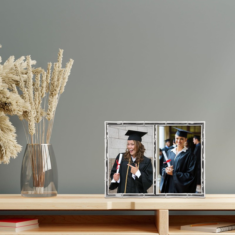 4x6 Double Silver Metal Picture Frame with Bamboo Design