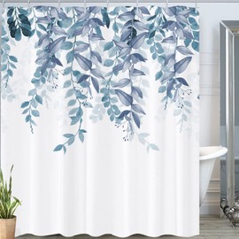 JOOCAR Shower Curtains for Bathroom Blue Leaf Tropical Leaves Plant on White Background Polyester Fabric Waterproof Shower Curtain Set with 12 Hooks, 180x180cm