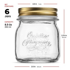 Bormioli Rocco Quattro Stagioni 8.5 Oz. Mason Jar (Set of 6) - Wide Mouth Glass Jar with Airtight Twist Lid - Classic Beehive Embossed Design for Canning, Storage & Recipes - Made in Italy, BPA Free