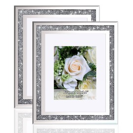 Crushed Diamond Wedding Mirror Photo Frame, Crystal Silver Glass Picture Frame For Photograph Size 11x14 inch With Mat for 8x10 inch, Pack of 2 Pieces Wall Frame. Bling Sparkle Diamond Home Decor.
