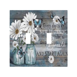 LWDZLHD Rustic Daisy Floral Butterfly Double Toggle Light Switch Cover Decorative Country Flower Wood 2 Gang Wall Plate Electrical Faceplate for Farmhouse Bathroom Kitchen Bedroom 5" x 4.9"