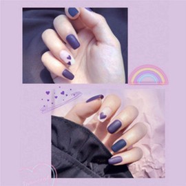 Allereya Coffin Press on Nails Medium Love Heart Artificial Nail Tips French Acrylic Nails Purple Shiny Square Clip On Nails Art Manicure for Women Girls 24 Pieces