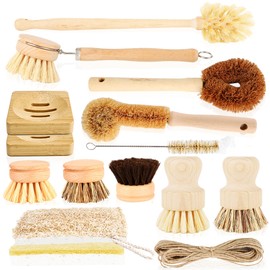 15 Pcs Bamboo Dish Brush Set with 65 Ft Hemp Rope Wooden Palm Pot Brush Sisal Bristles Natural Cup Scrubber Loofah Sponge Draining Tray for Pans, Bottle, Sink Kitchen Cleaning