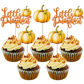 Ephlyn 24Pcs Little Pumpkin Cupcake Toppers Glitter Baby Shower Pumpkin Cupcake Picks for Thanksgiving Day Theme Birthday Thanksgiving Party Decorations Supplies Orange