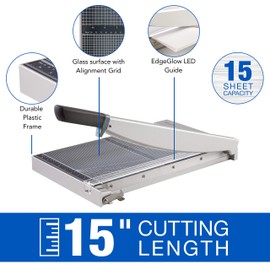 Swingline Paper Cutter, Guillotine Trimmer with EdgeGlow LED Cut Guide and Tempered Glass Surface, 15" Cut Length, 15 Sheet Capacity, ClassicCut 1515G (G7010004)