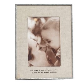 Sugarboo & Co. All That I Am, Angel Mother Vertical Metal And Linen Rustic Farmhouse Photo Frame, 4 x 6 Picture Frame for desk and home decor, family pictures, wedding gifts, or office desk gift
