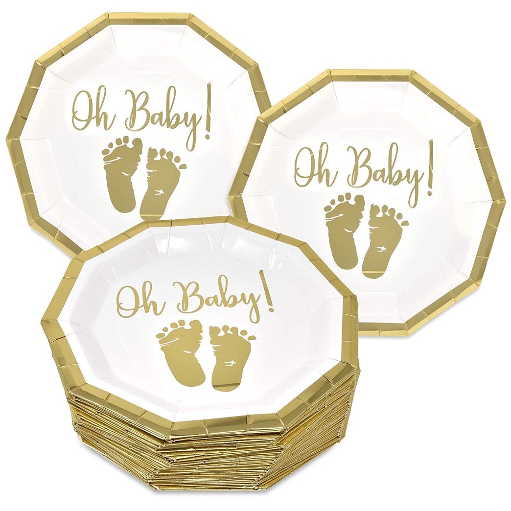 Gift Boutique 50 Baby Shower Plates 9 Inch Paper Disposable Dinner Plate Tableware for Boys or Girls Neutral Gender Reveal Party Supplies Decorations Gold Foil and White Oh Baby with Baby Footprints