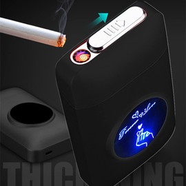 Funda para cigarrillos con encendedor, 19 unidades, encendedor USB, recargable, sin llama, resistente al viento, encendedor eléctrico (negro)