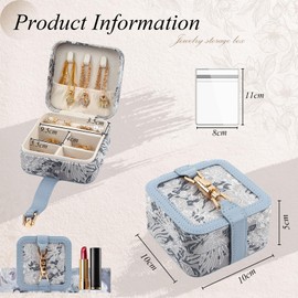 EZESO ESSENTIAL SKINCARE Travel Jewelry Box for Women, Floral Embroidery Vintage Jewelry Organizer, Portable Compact Jewelry Case with Secure Clasp & Velvet Lining, Gift Idea (Blue)