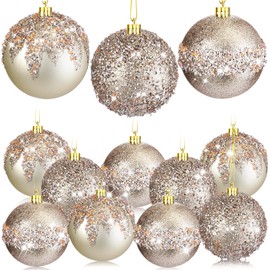 Syhood 12 Pieces Glitter Christmas Ball Ornaments Rhinestone Sequin Christmas Ball Decorations Hanging Plastic Balls for Xmas Trees Wedding Party Holiday Decorations (Champagne Gold,3.15 Inch)