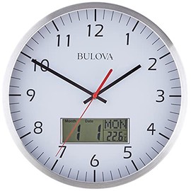 Bulova Manager Wall Clock C4810 | 14" Brushed Aluminum Industrial Frame with Digital Date & Temperature Display | Silent Sweep Quartz Movement | Battery Operated | Office & Home Décor