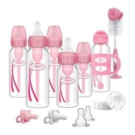 Dr. Brown's Anti-Colic Options+ Juego de regalo de botella estrecha con botella de pajita para beber, chupetes de silicona HappyPaci, tapas de almacen