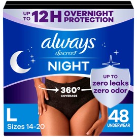 Always Discreet Overnight Adult Incontinence & Postpartum Bladder Leak Underwear for Women, Disposable, Large, 48 Count (3 Packs of 16)
