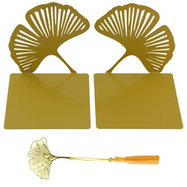 Metal Bookends, Gingko Bookend, Decorative Metal Book Stand Set in Gold, Gold with Cut-Out Look, Bookcase, Non-Slip, Decorative for Home, Office, Heavy Books