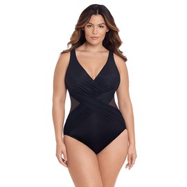 Miraclesuit Women's Swimwear Plus Size Illusionist Crossover Tummy Control V-Neckline Soft Cups One Piece Swimsuit, Black, 18W