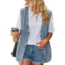 Shebote Womens Oversized Sleeveless Jean Denim Jacket Button Down Vest Top for Women Summer Waistcoat Jeans Vests Tops(0168-LightBlue-S)