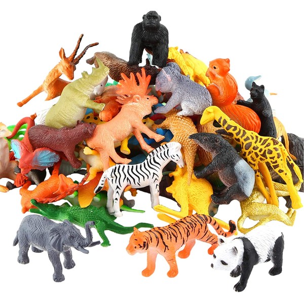 Animals Figure,54 Piece Mini Jungle Animals Toys Set,ValeforToy Realistic Wild Vinyl Plastic Animal Learning Party Favors Toys For Boys Girls Kids Toddlers Forest Small Animals Playset Cupcake Topper